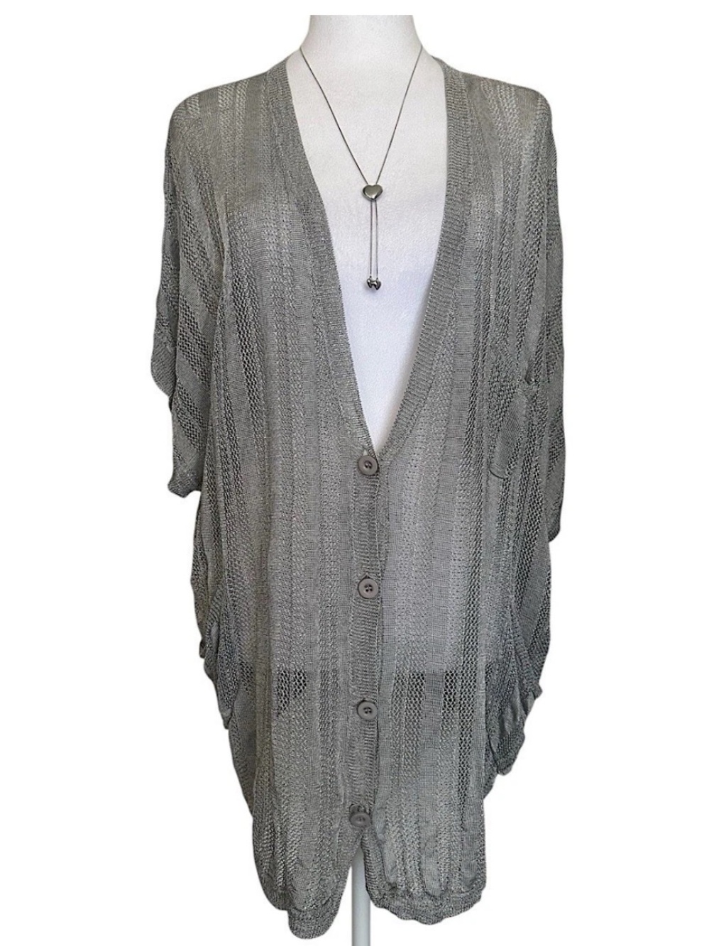 Alicia + Olivia Women’s Oversized Open-Knit Cardigan Crochet Silver Size L